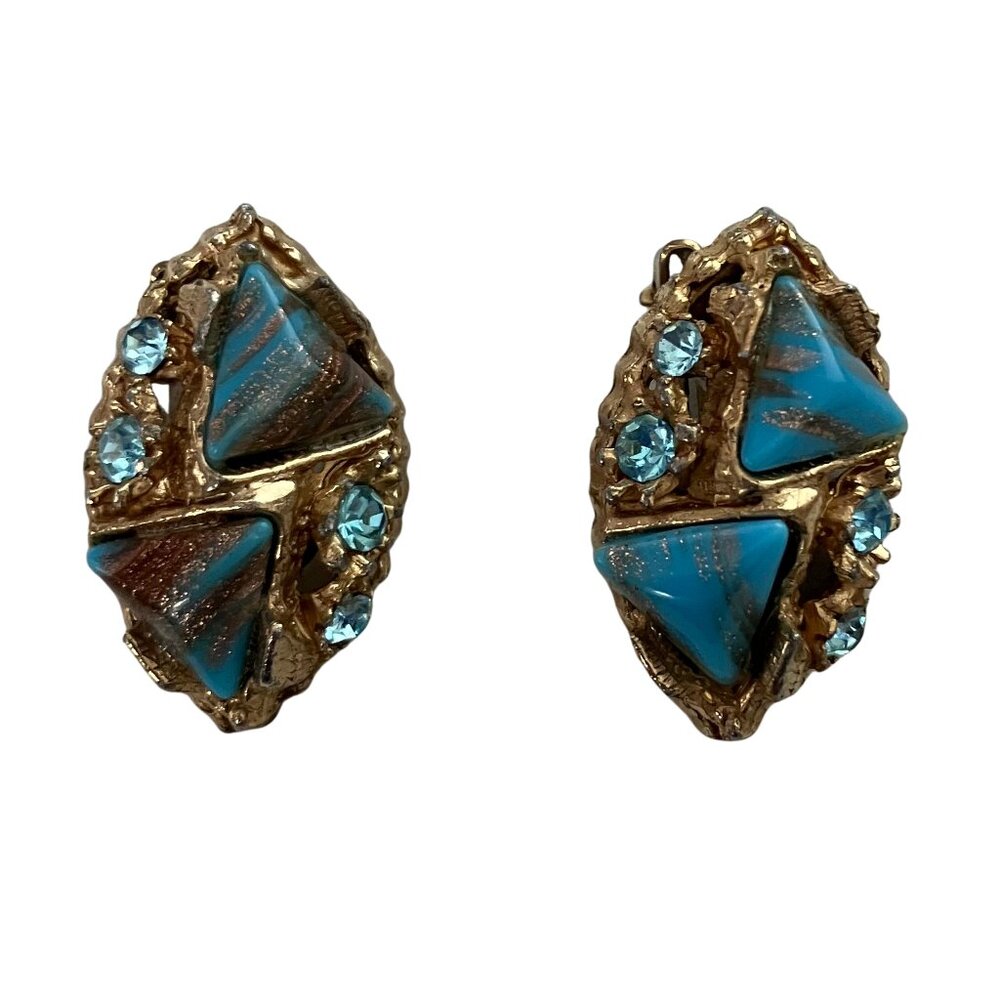 Vintage 60s Faux Turquoise Hubble Glass Gold Tone Clip On Earrings Geode Retro